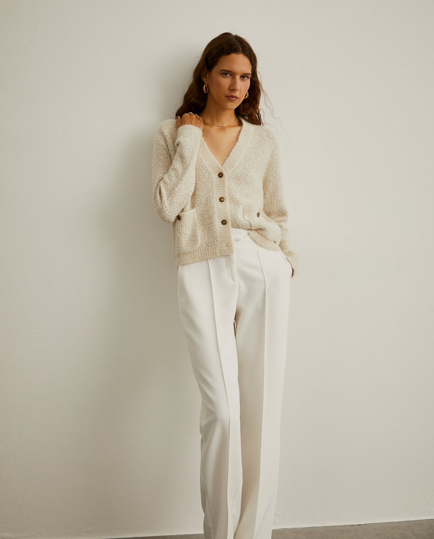 Cardigan com lã mohair e fio de lantejoula