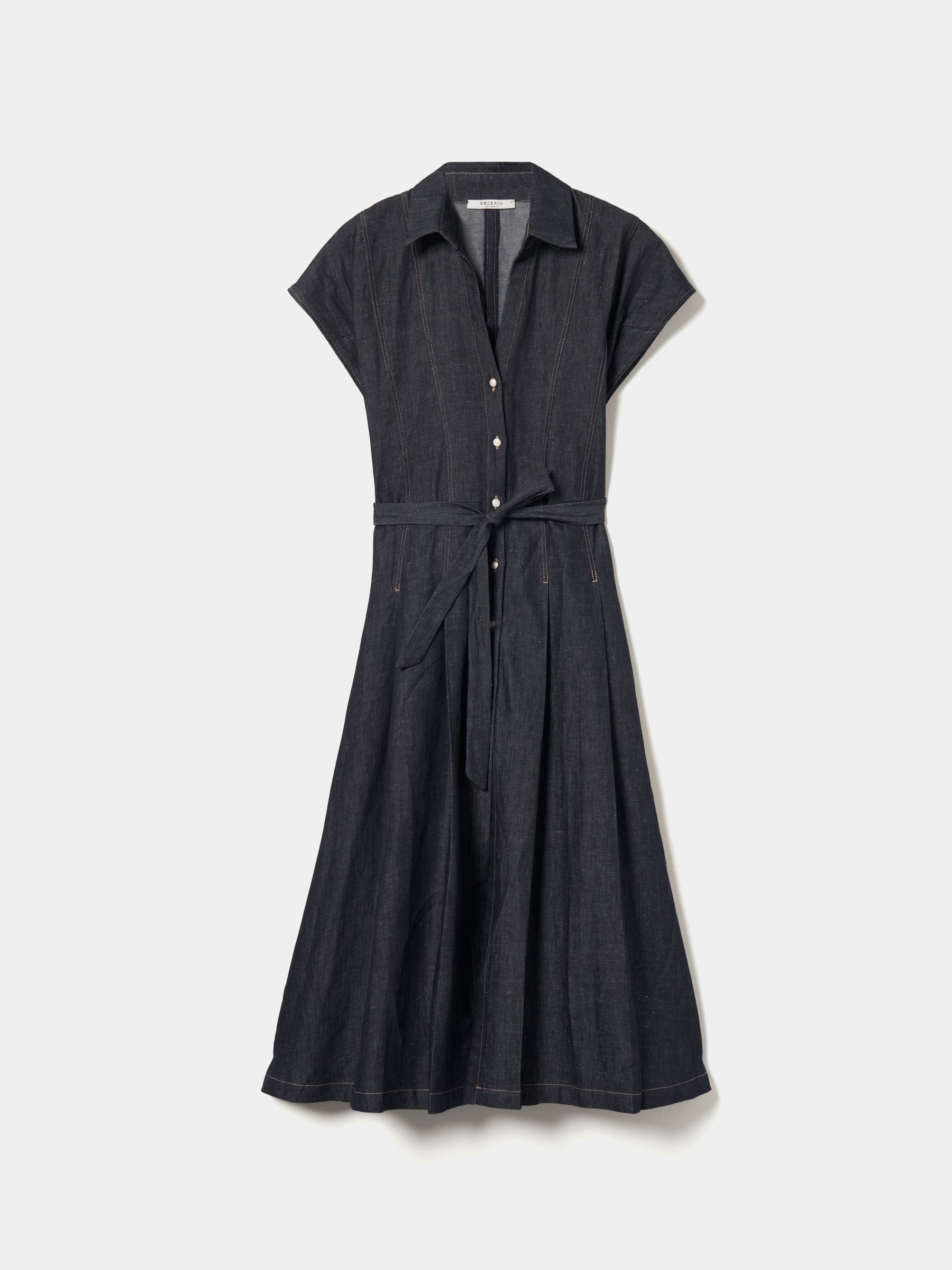 Vestido midi denim em algodão e linho