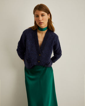 Cardigan com lã mohair e fio de lantejoula