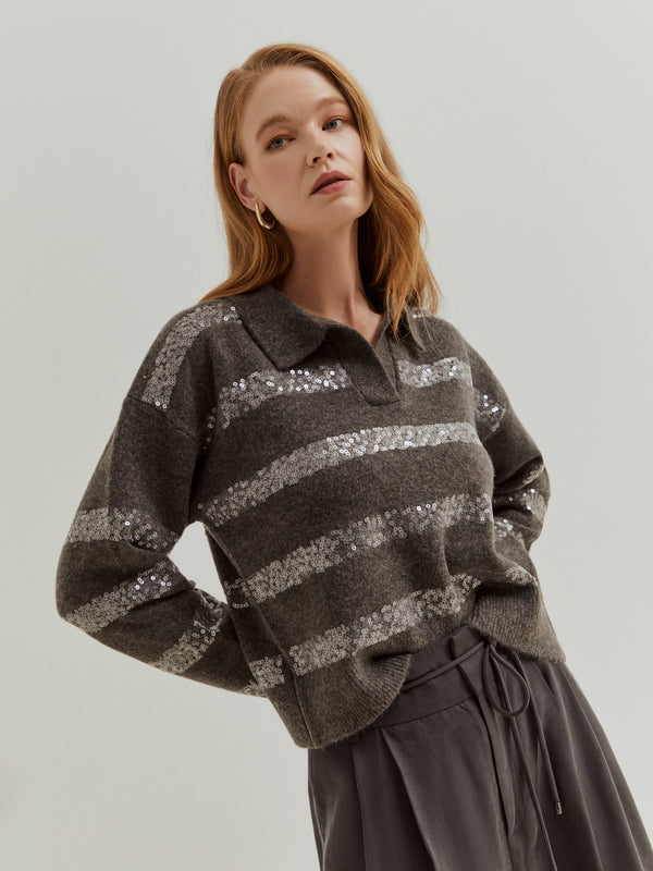 Camisola de malha às riscas em lantejoulas