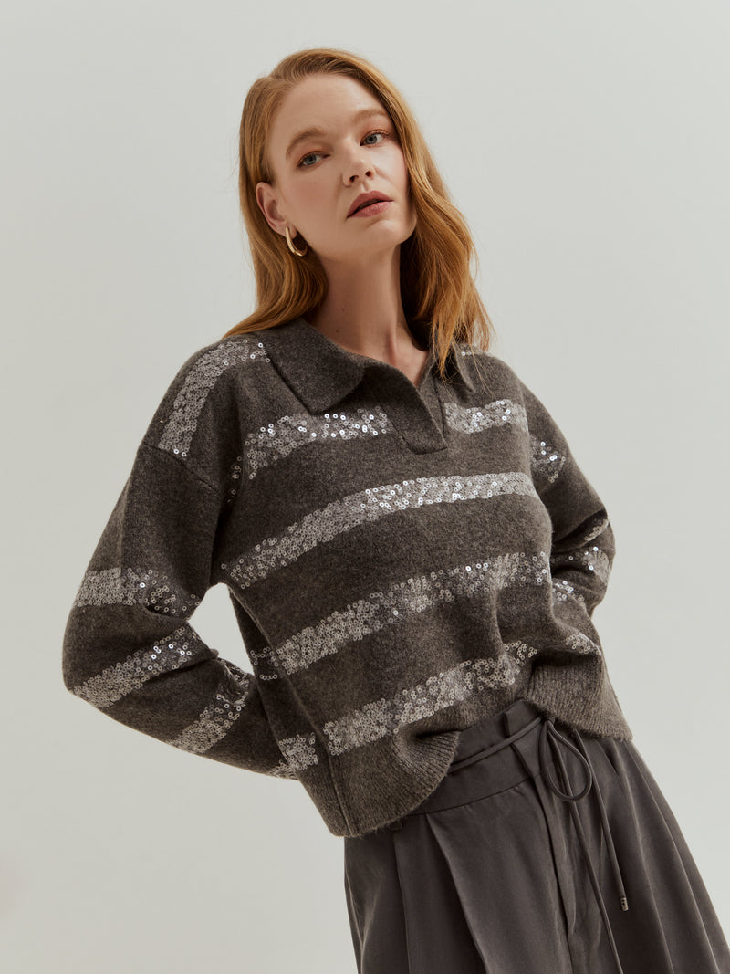 Camisola de malha às riscas em lantejoulas