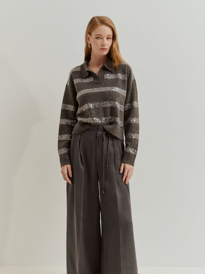 Camisola de malha às riscas em lantejoulas