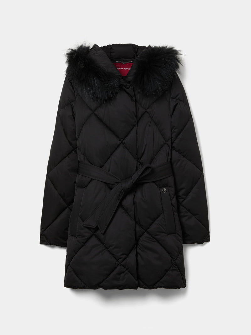 Blusão acolchoado com capuz e cinto