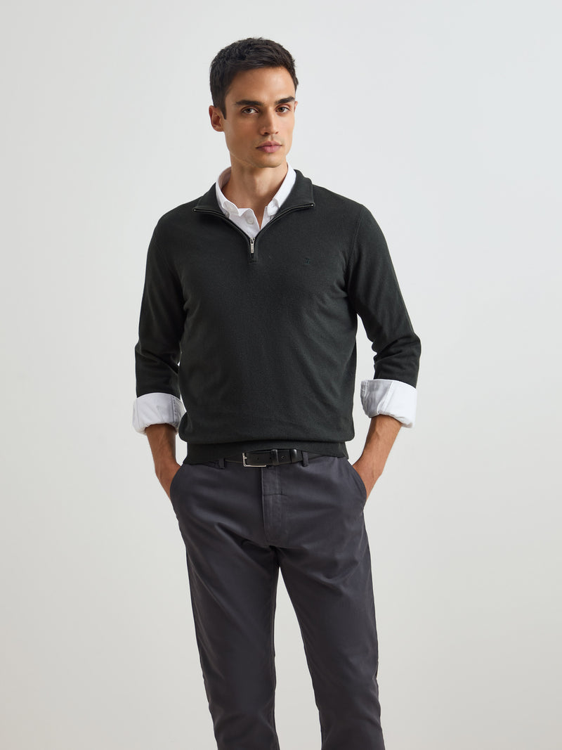 Camisola de algodão e caxemira com fecho