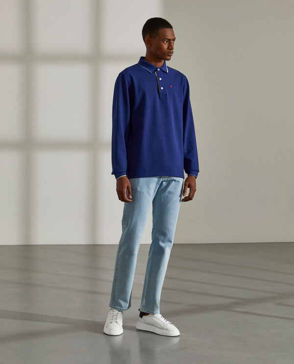 Polo para homem slim fit de algodão de manga comprida